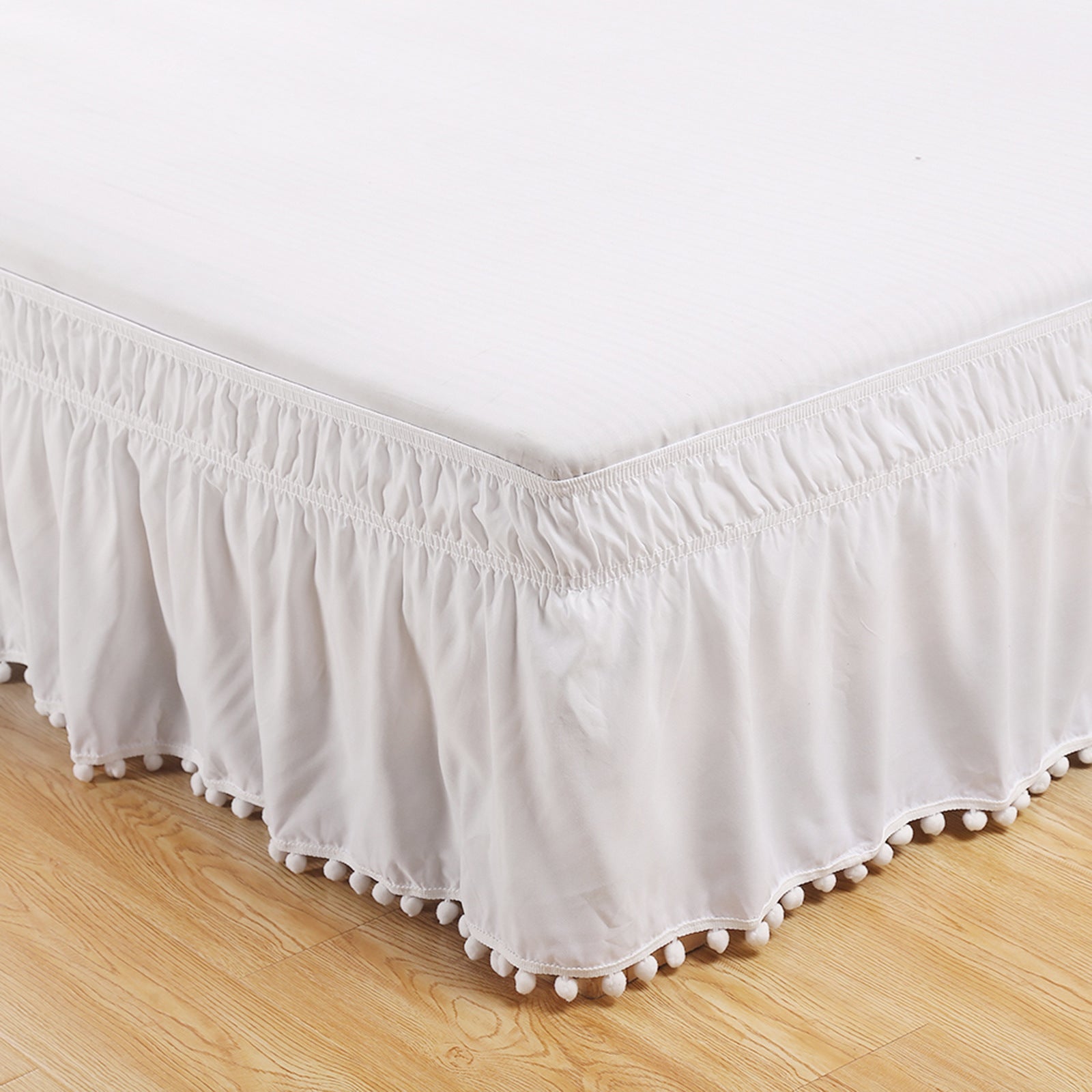 Pom-Pom Style Solid Color Elastic Bed Skirt - Calm Cloud Bedding